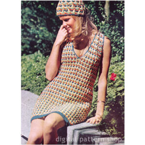 70s Four Color Dress, Cap Crochet Pattern, V-Neck, Sleeveless