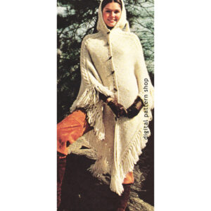70s Hooded Cape Knitting Pattern for Women, Buttoned Poncho