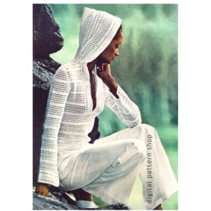 70s Hooded Sweater Crochet Pattern, Hoodie Top Slit Neck