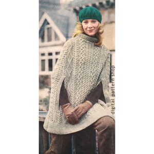 70s Irish Cape Knitting Pattern, Aran Poncho with Arm Slits