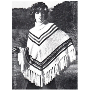 Turtleneck Poncho Knitting Pattern, Fringed Striped Poncho