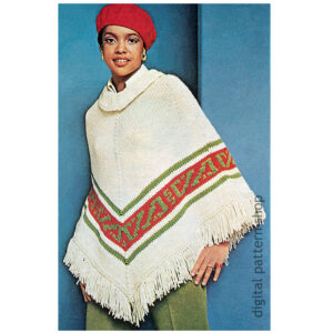 70s Poncho Knitting Pattern, Cowl Neck Fringed Poncho