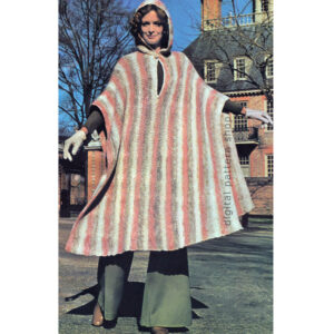 1970s Hooded Poncho Knitting Pattern, Striped Cape PDF