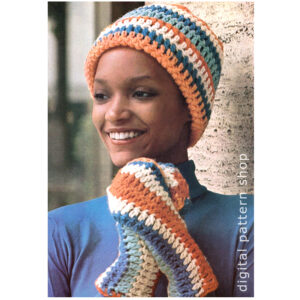 70s Easy Striped Hat & Mittens Crochet Pattern for Women