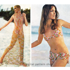 70s Beach Set Crochet Pattern, Bikini Side Tie Shorts, Caftan