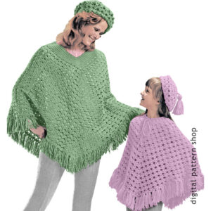 70s Beret Hat and Poncho Crochet Pattern, Women and Girls