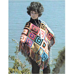 1970s Poncho & Tote Bag Crochet Pattern, Colorful Squares