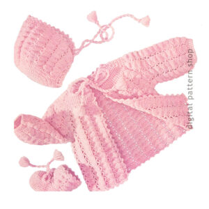 60s Baby Sweater Set Crochet Pattern Bonnet, Booties Layette