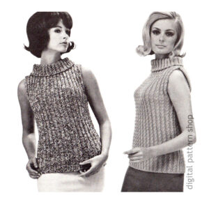 60s Knitting Pattern Slim Sleeveless Shell Top, Turtleneck Sweater