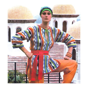 1970s Hippie Top Crochet Pattern, Striped Pullover Tunic