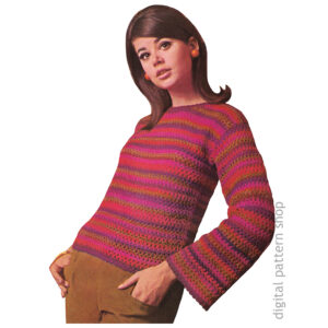 60s Striped Sweater Crochet Pattern, Pullover Bell Sleeve Jumper