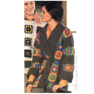 Granny Square Wrap Cardigan Crochet Pattern, Shawl Collar