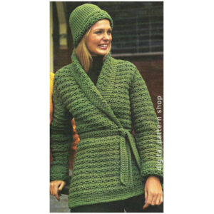 70s Wrap Sweater and Hat Pattern Crochet Pattern, Shawl Collar