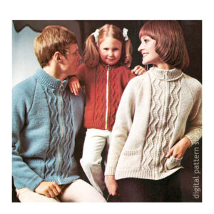 Raglan Sweater Knitting Pattern, Men Women Child Zip Up Jacket