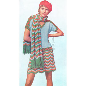 70s Chevron Stripe Dress & Stole Knitting Pattern, Top, Skirt