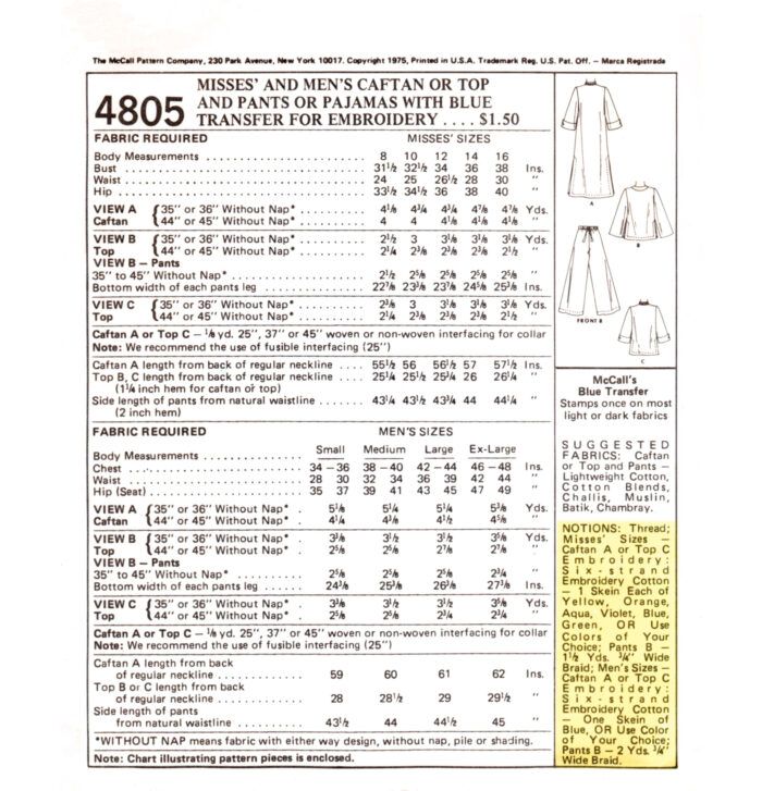 M4805 caftan top pants pattern