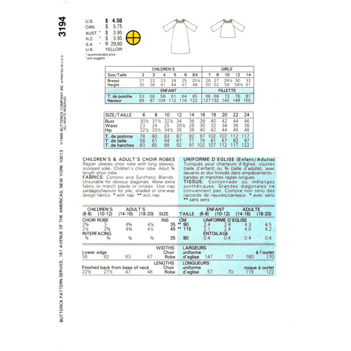 B3194 choir robe pattern