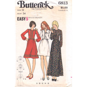 70s Dress Pattern Butterick 6813 Maxi Dress Long Sleeve