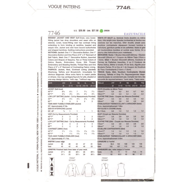 V7746 jacket pattern