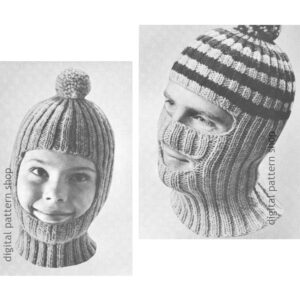 60s Helmet Hat Knitting Pattern, Toque, Balaclava Ski Hat Adult, Child