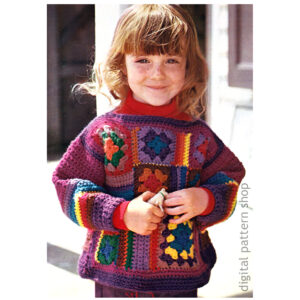 Kids Granny Square Sweater Crochet Pattern, Colorful Mosaic Sweater