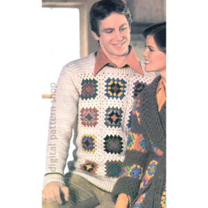 Mens Sweater Crochet Pattern Granny Square Motifs, Knit Bands