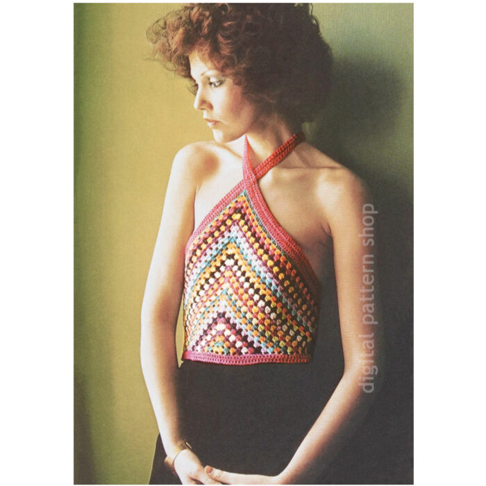 70s Granny Square Halter Crochet Pattern, High Neck Top PDF