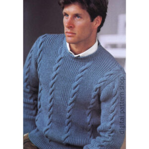 Cable and Rib Sweater Knitting Pattern for Men, Pullover Sweater