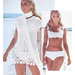Beach Dress Crochet Pattern, Floral Bikini Motifs to Sew On, Zip Front