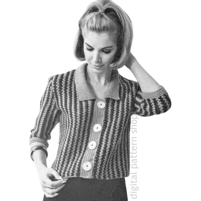 Jacket Knitting Pattern, Striped Sweater, Collar & Button Front PDF