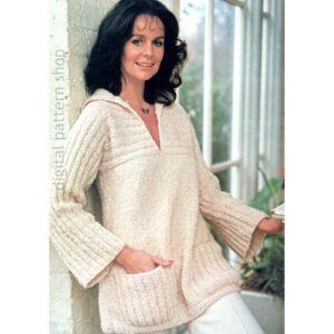 Pullover Sweater Knitting Pattern, Rib Knit Top Flared Sleeve PDF