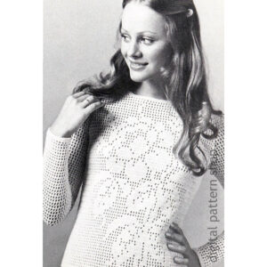 Filet Crochet Sweater Pattern, Large Rose Top Long Sleeves PDF