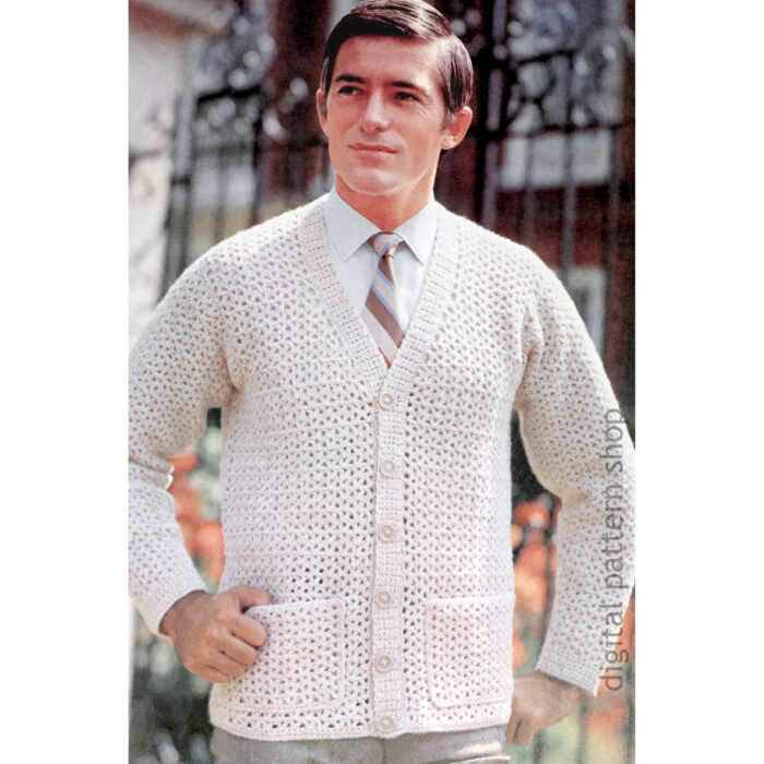 70s Cardigan Crochet Pattern for Men, Vintage Buttoned Jacket