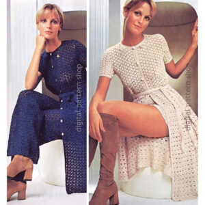 70s Crochet Pattern Button Up Coat Dress with Pants or Shorts
