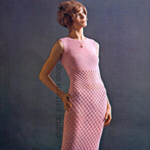 60s Evening Dress Crochet Pattern, Sleeveless Dress Midriff Detail