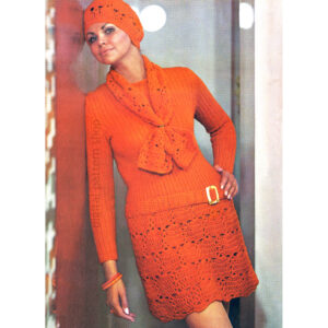70s Dress, Beret, Scarf Crochet Pattern, Knit Bodice Long Sleeves