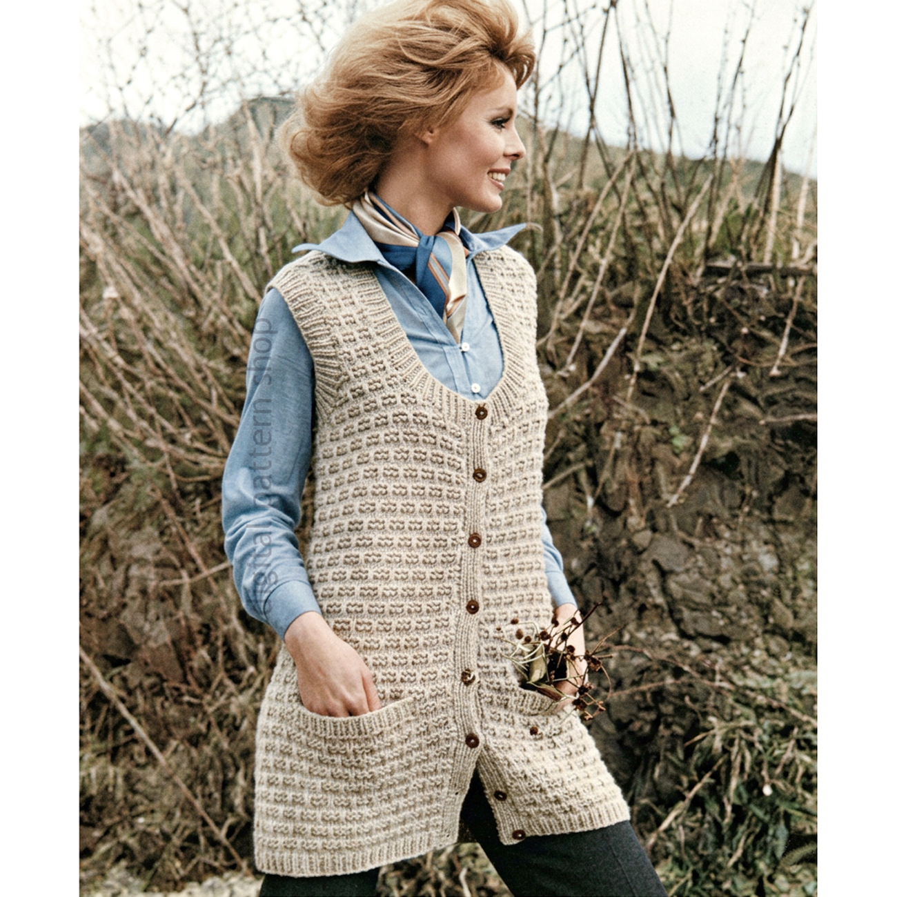 70s Vest Knitting Pattern, Long Sleeveless Cardigan Waistcoat