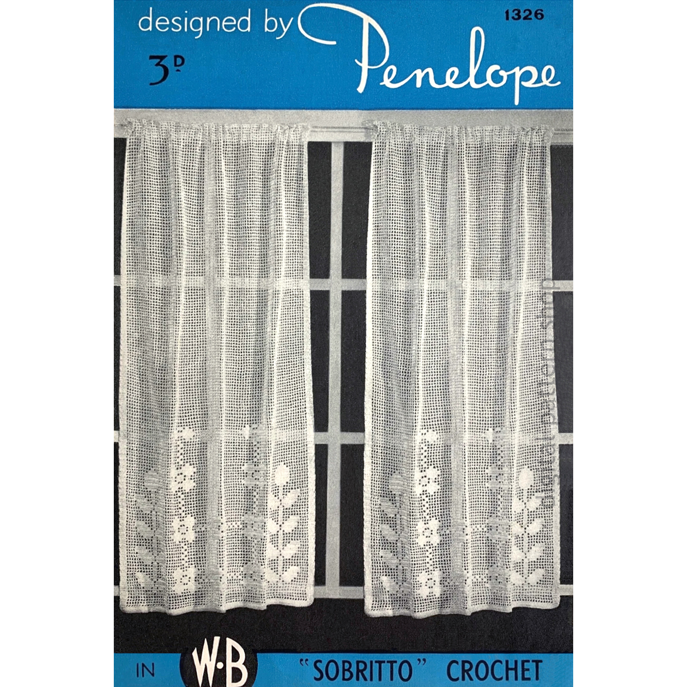 50s Filet Crochet Curtain Pattern, Vintage Flower Curtain Panel PDF