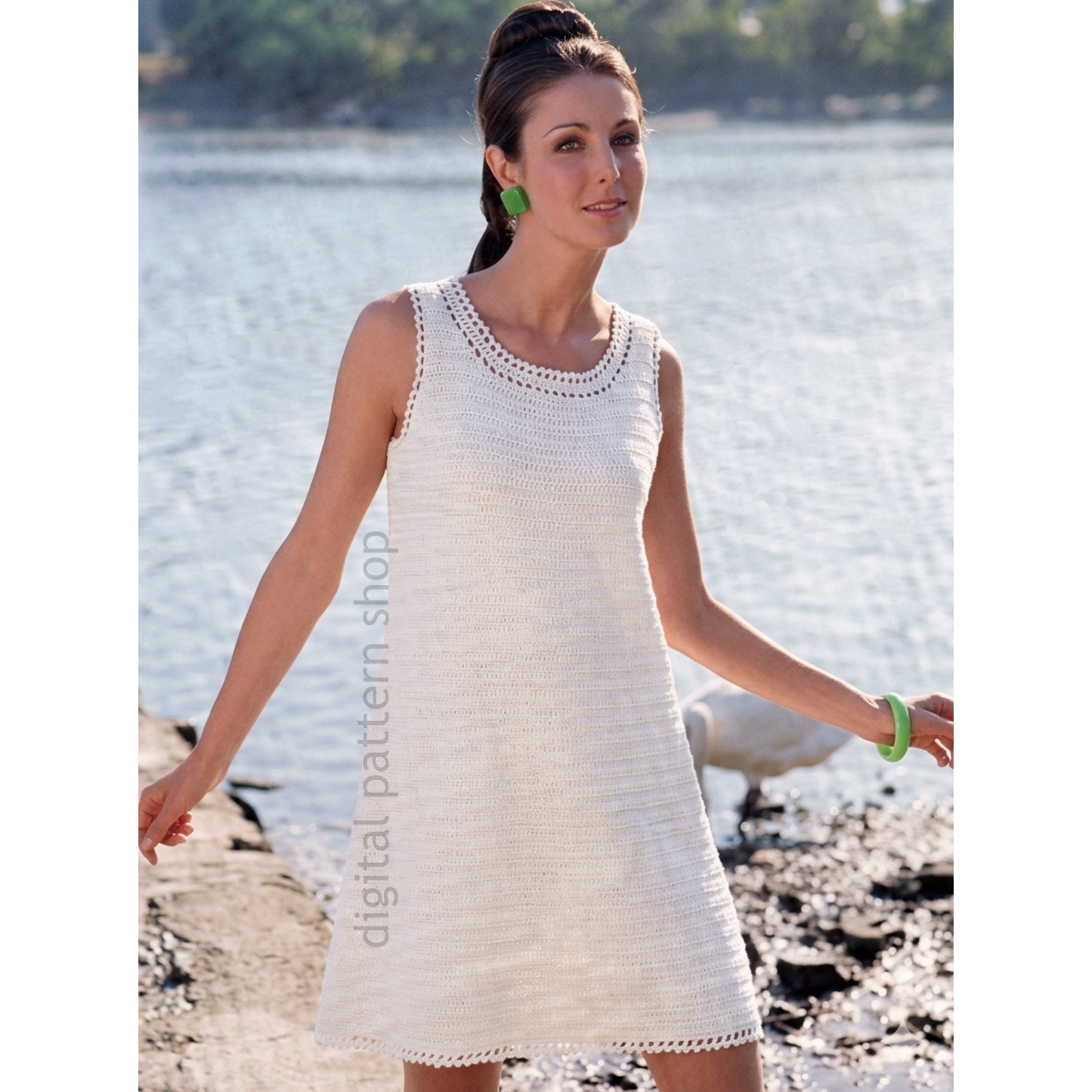 70s Shift Dress Crochet Pattern, Vintage Sleeveless Dress Lace Edge