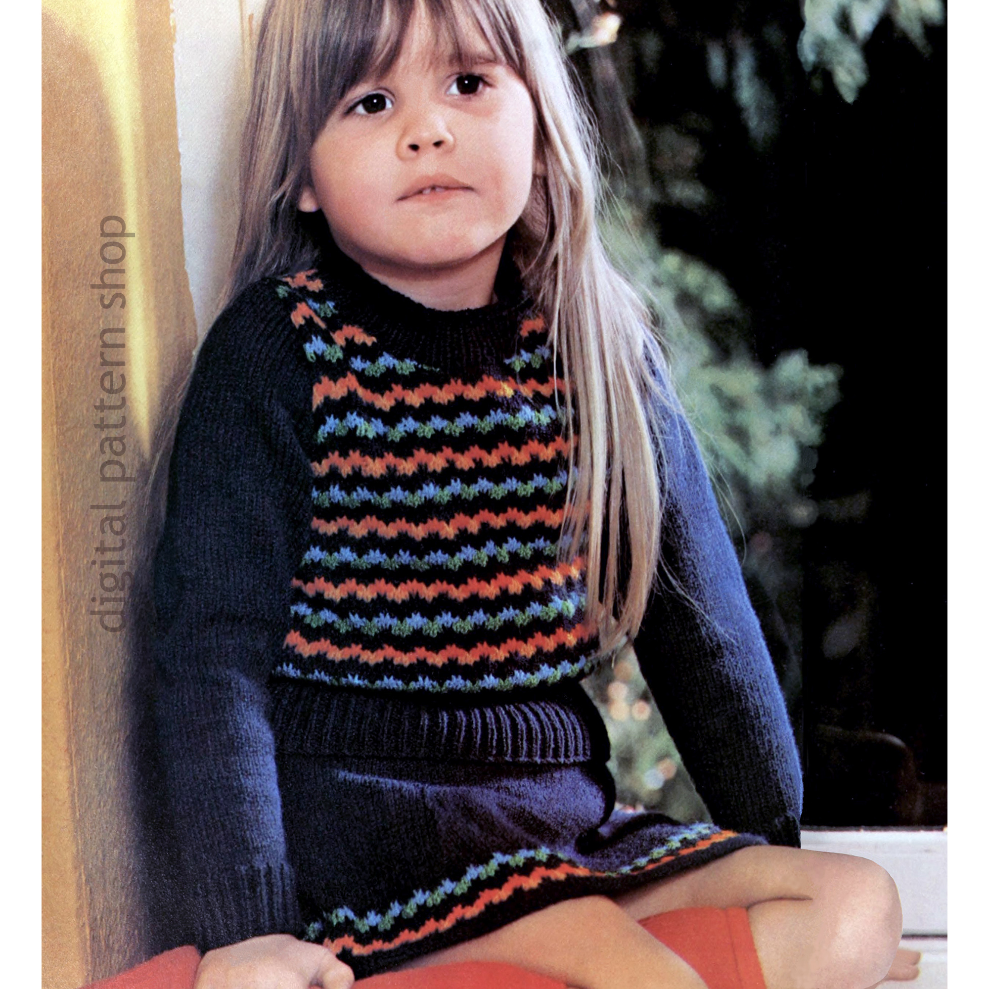 Girls Sweater and Skirt Knitting Pattern, Vintage Jumper Set PDF