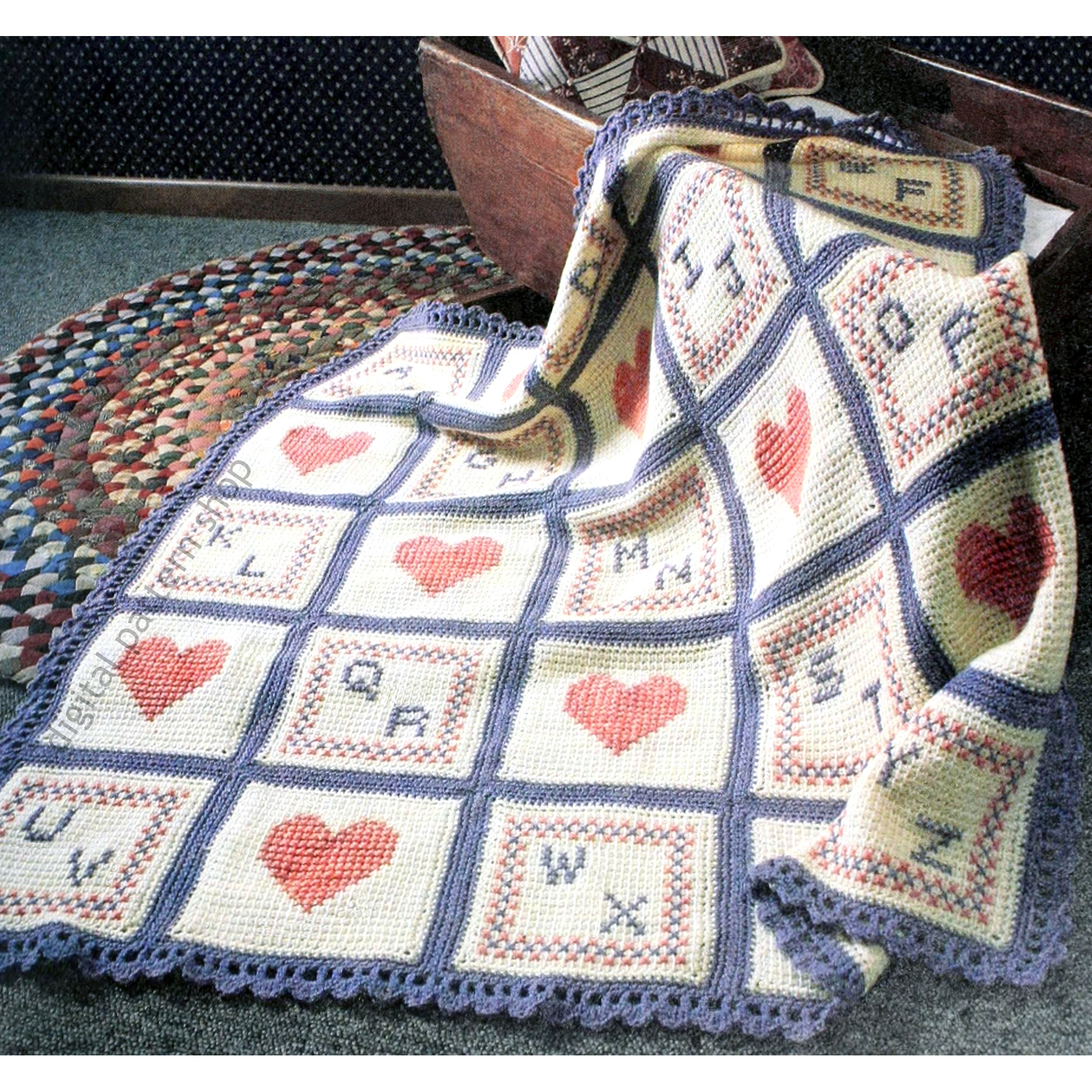 Hearts and ABC Afghan Crochet Pattern, Tunisian, Cross Stitch